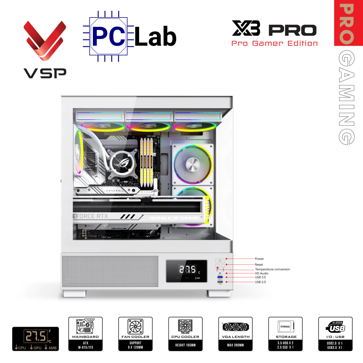 Vỏ case PC máy tính VSP X3 PRO (ATX, Mid Tower, Trắng/Đen)