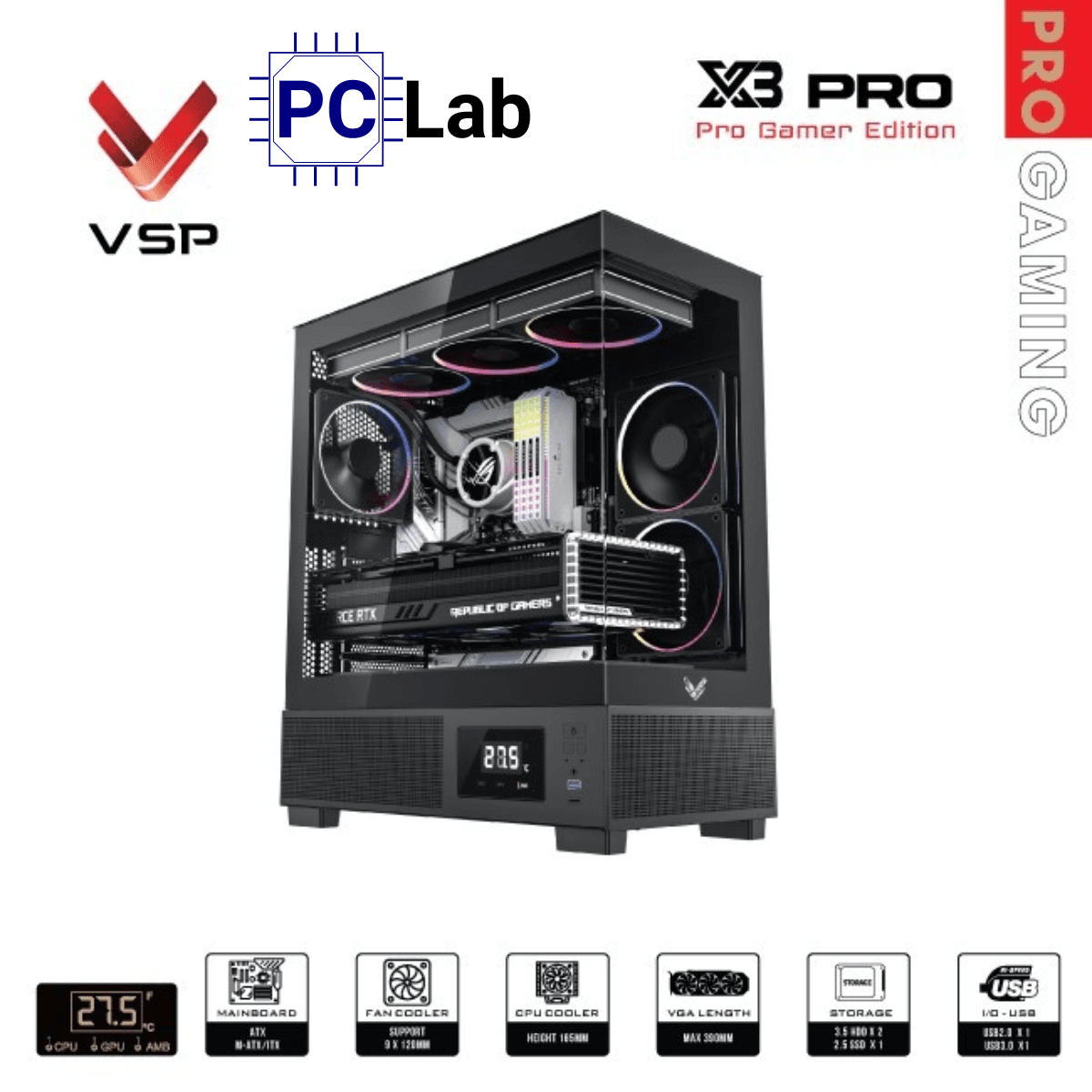 Vỏ case PC máy tính VSP X3 PRO (ATX, Mid Tower, Trắng/Đen)