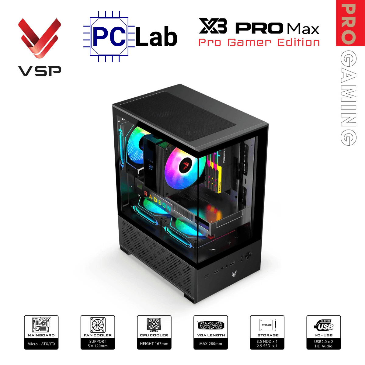 Vỏ case PC máy tính VSP X3 PRO MAX (M-ATX, Mid Tower, Trắng/Đen)