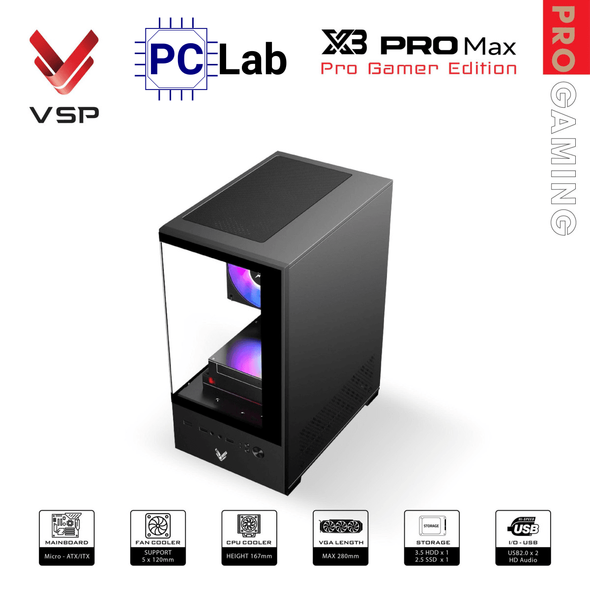 Vỏ case PC máy tính VSP X3 PRO MAX (M-ATX, Mid Tower, Trắng/Đen)