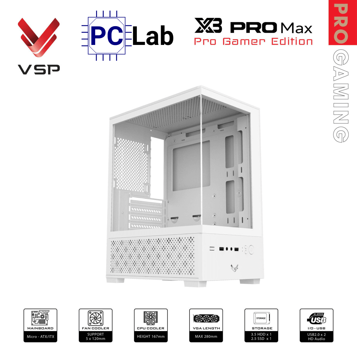 Vỏ case PC máy tính VSP X3 PRO MAX (M-ATX, Mid Tower, Trắng/Đen)