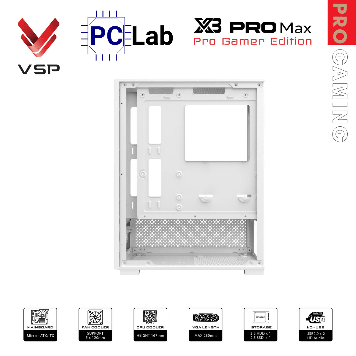 Vỏ case PC máy tính VSP X3 PRO MAX (M-ATX, Mid Tower, Trắng/Đen)