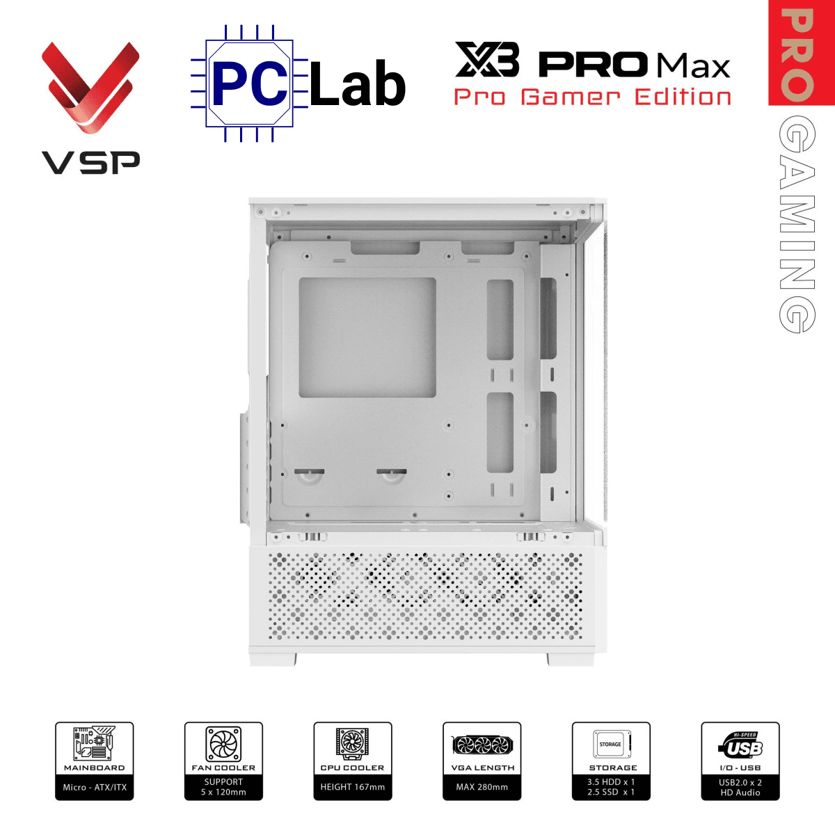 Vỏ case PC máy tính VSP X3 PRO MAX (M-ATX, Mid Tower, Trắng/Đen)