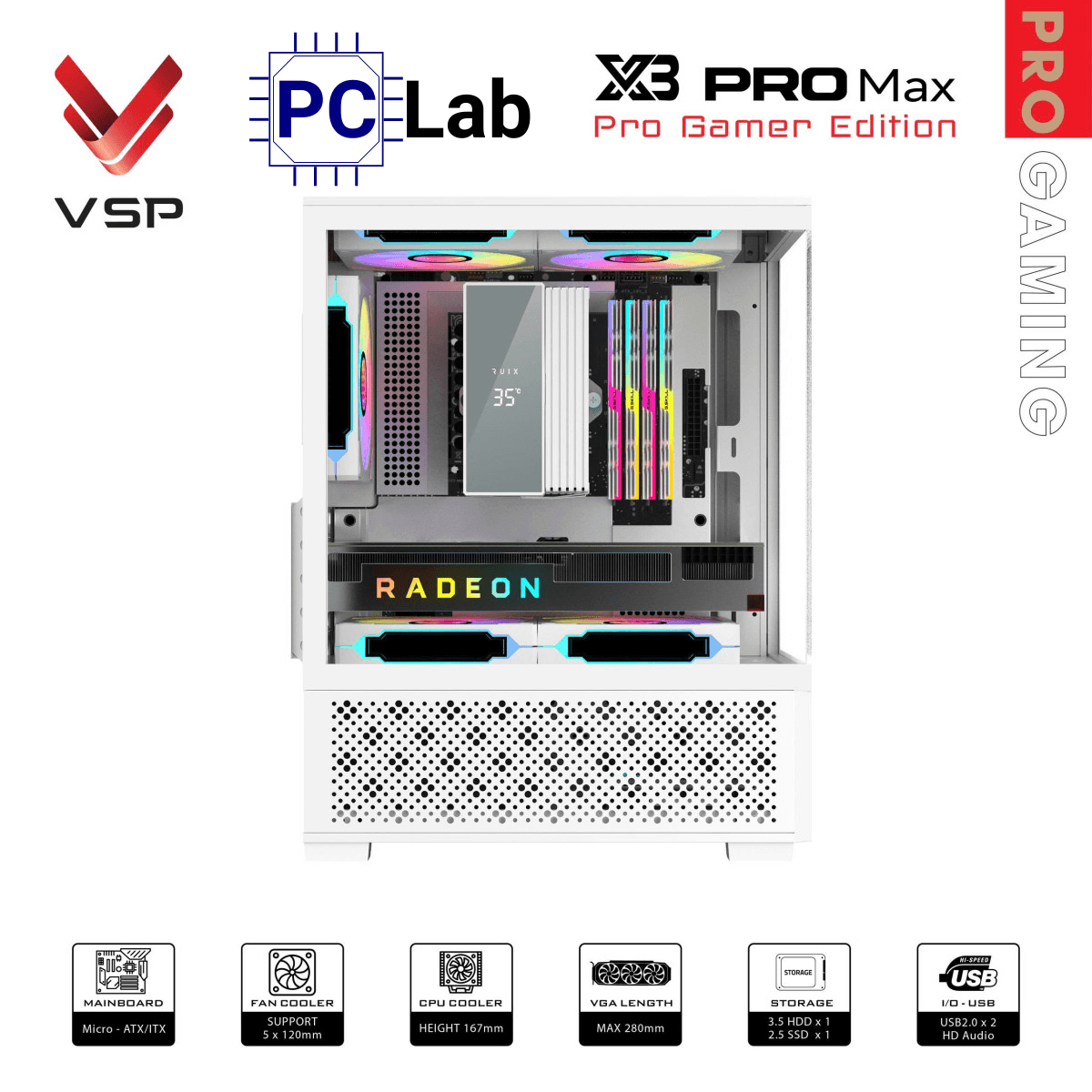 Vỏ case PC máy tính VSP X3 PRO MAX (M-ATX, Mid Tower, Trắng/Đen)
