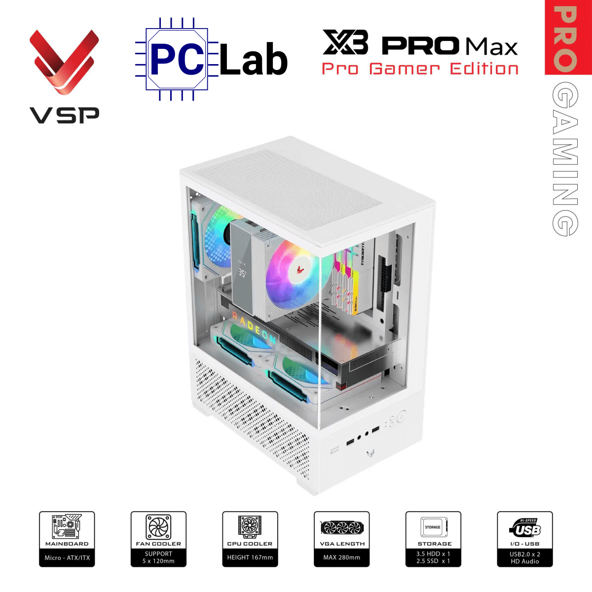 Vỏ case PC máy tính VSP X3 PRO MAX (M-ATX, Mid Tower, Trắng/Đen)