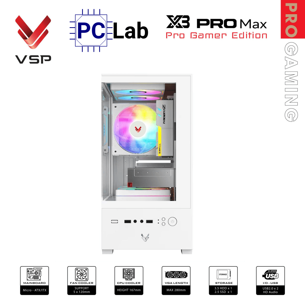 Vỏ case PC máy tính VSP X3 PRO MAX (M-ATX, Mid Tower, Trắng/Đen)