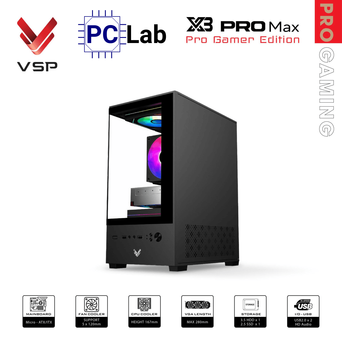 Vỏ case PC máy tính VSP X3 PRO MAX (M-ATX, Mid Tower, Trắng/Đen)