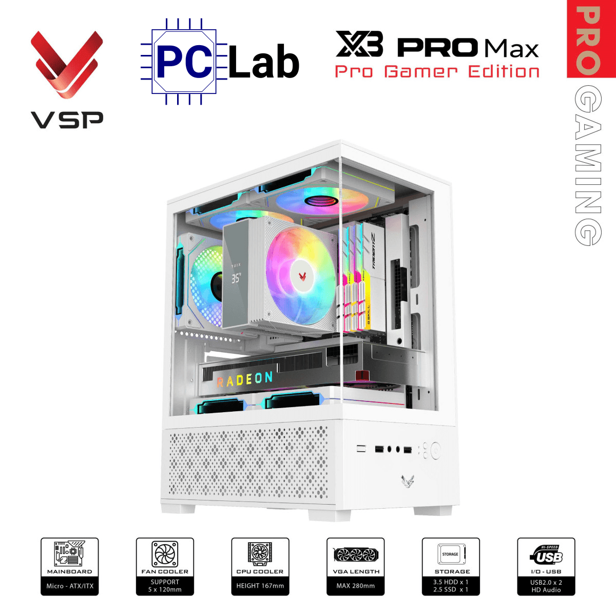 Vỏ case PC máy tính VSP X3 PRO MAX (M-ATX, Mid Tower, Trắng/Đen)