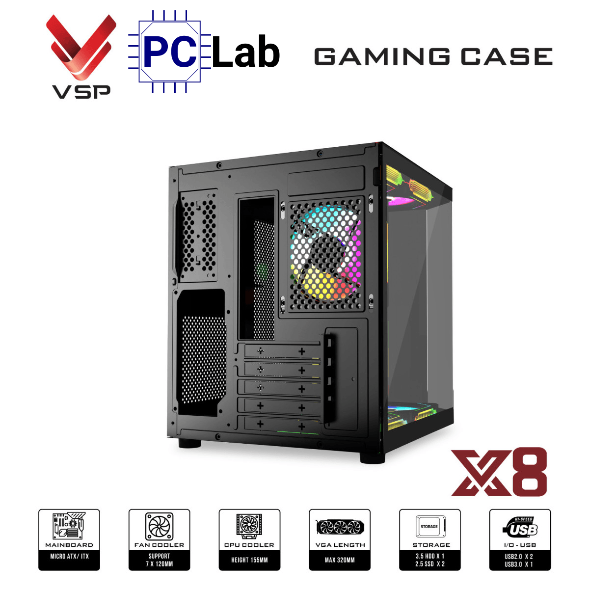Vỏ case PC máy tính VSP X8 (M-ATX, Mid Tower, Trắng/Đen)