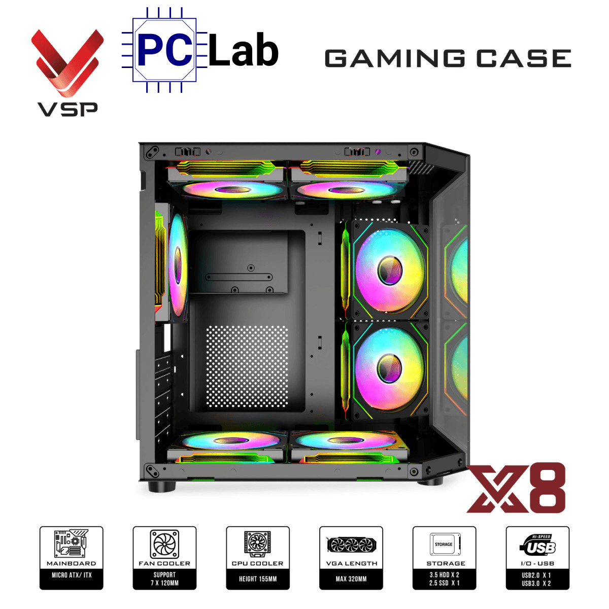 Vỏ case PC máy tính VSP X8 (M-ATX, Mid Tower, Trắng/Đen)
