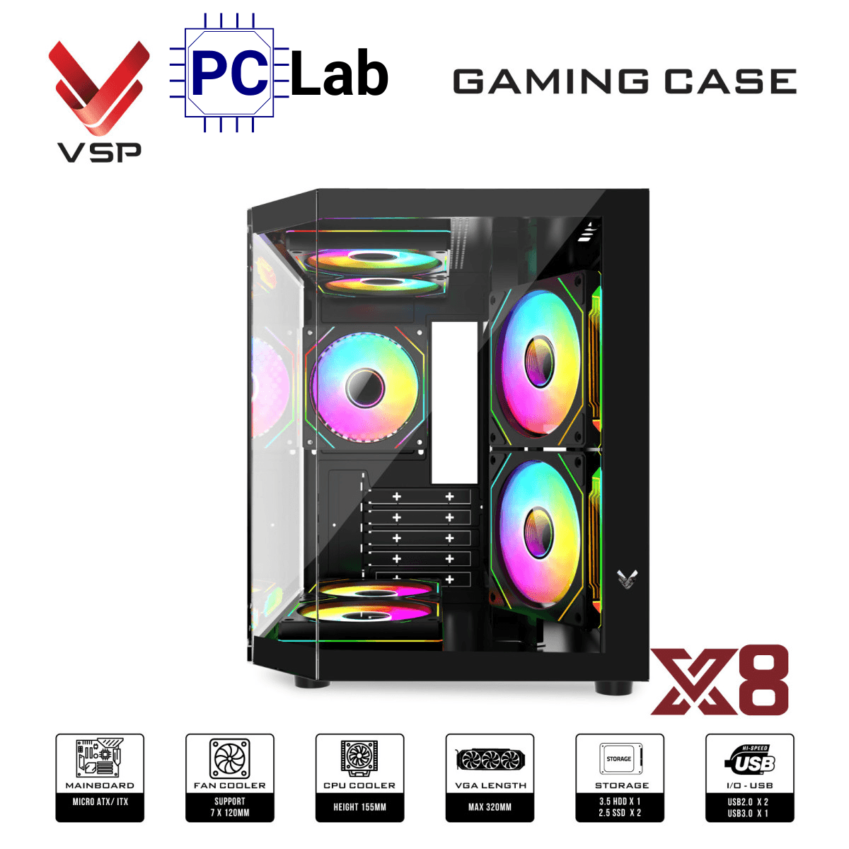 Vỏ case PC máy tính VSP X8 (M-ATX, Mid Tower, Trắng/Đen)