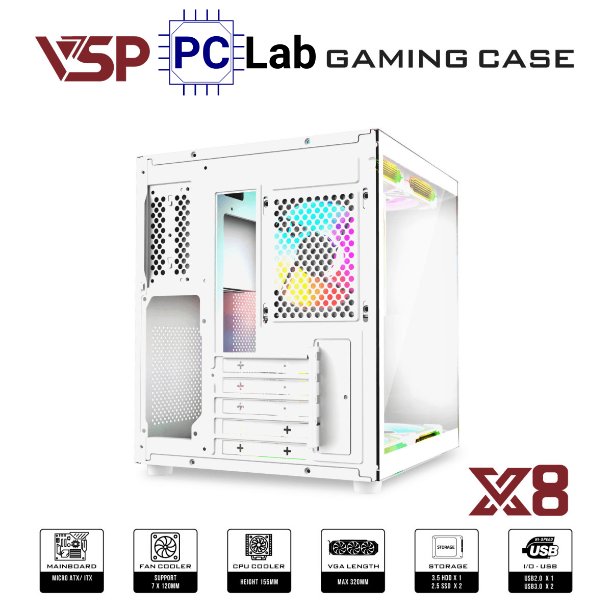 Vỏ case PC máy tính VSP X8 (M-ATX, Mid Tower, Trắng/Đen)