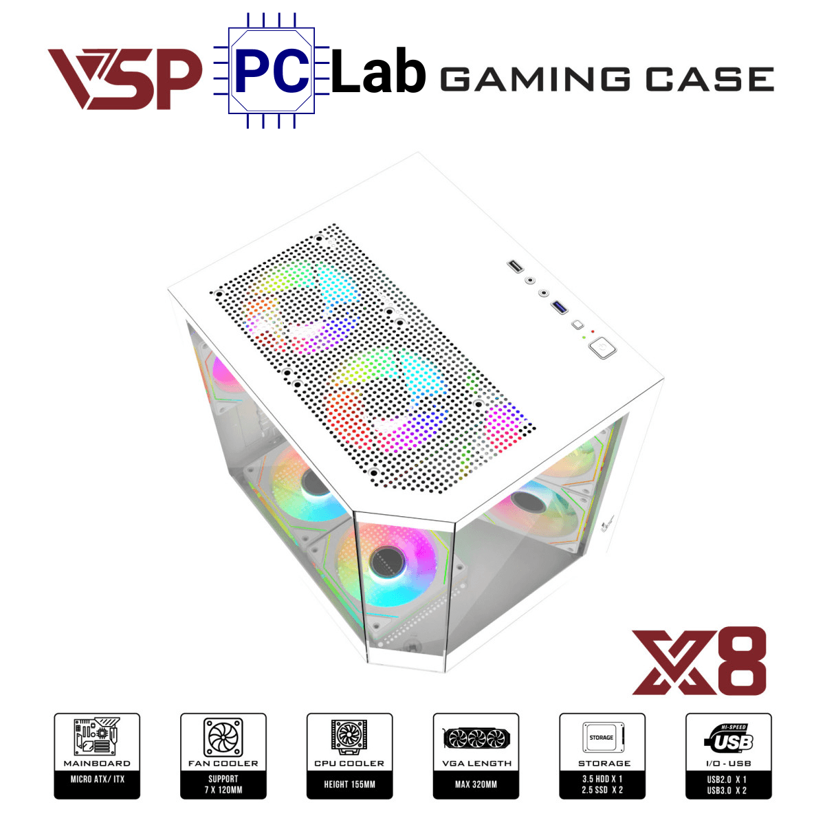 Vỏ case PC máy tính VSP X8 (M-ATX, Mid Tower, Trắng/Đen)