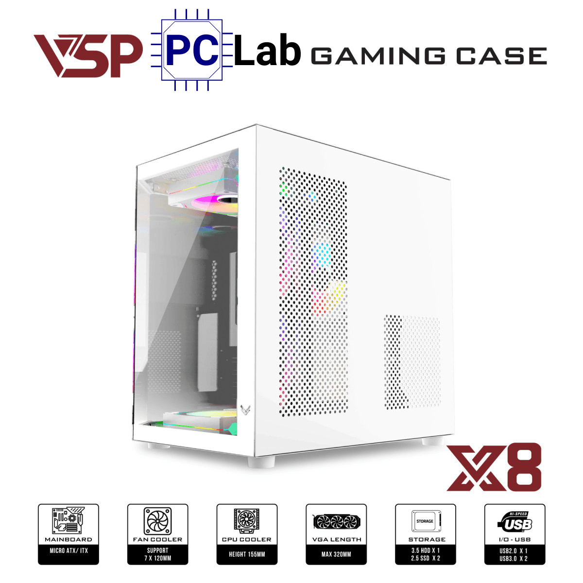 Vỏ case PC máy tính VSP X8 (M-ATX, Mid Tower, Trắng/Đen)