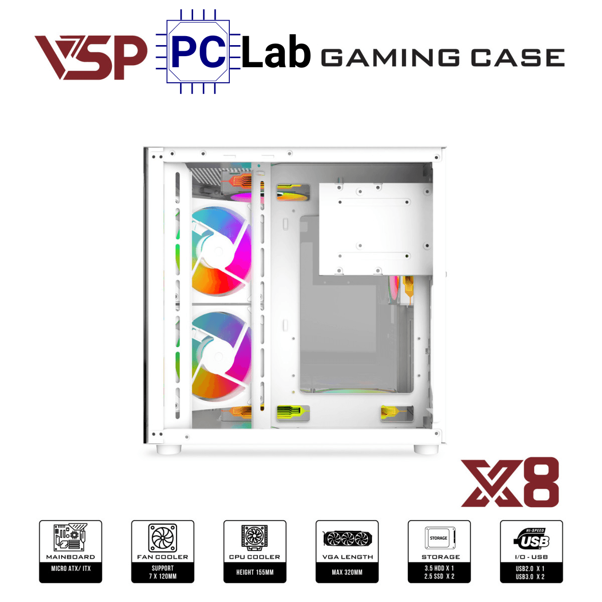 Vỏ case PC máy tính VSP X8 (M-ATX, Mid Tower, Trắng/Đen)