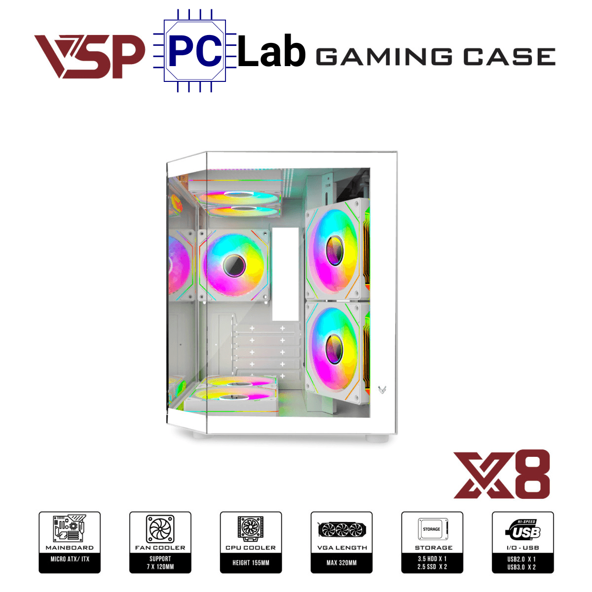 Vỏ case PC máy tính VSP X8 (M-ATX, Mid Tower, Trắng/Đen)