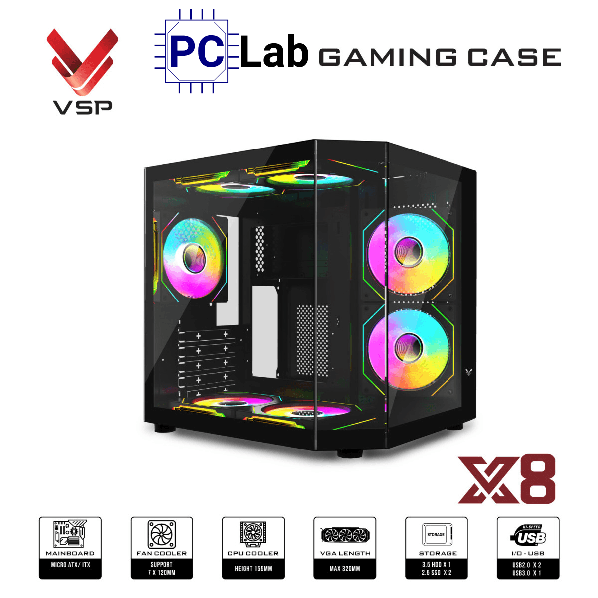 Vỏ case PC máy tính VSP X8 (M-ATX, Mid Tower, Trắng/Đen)
