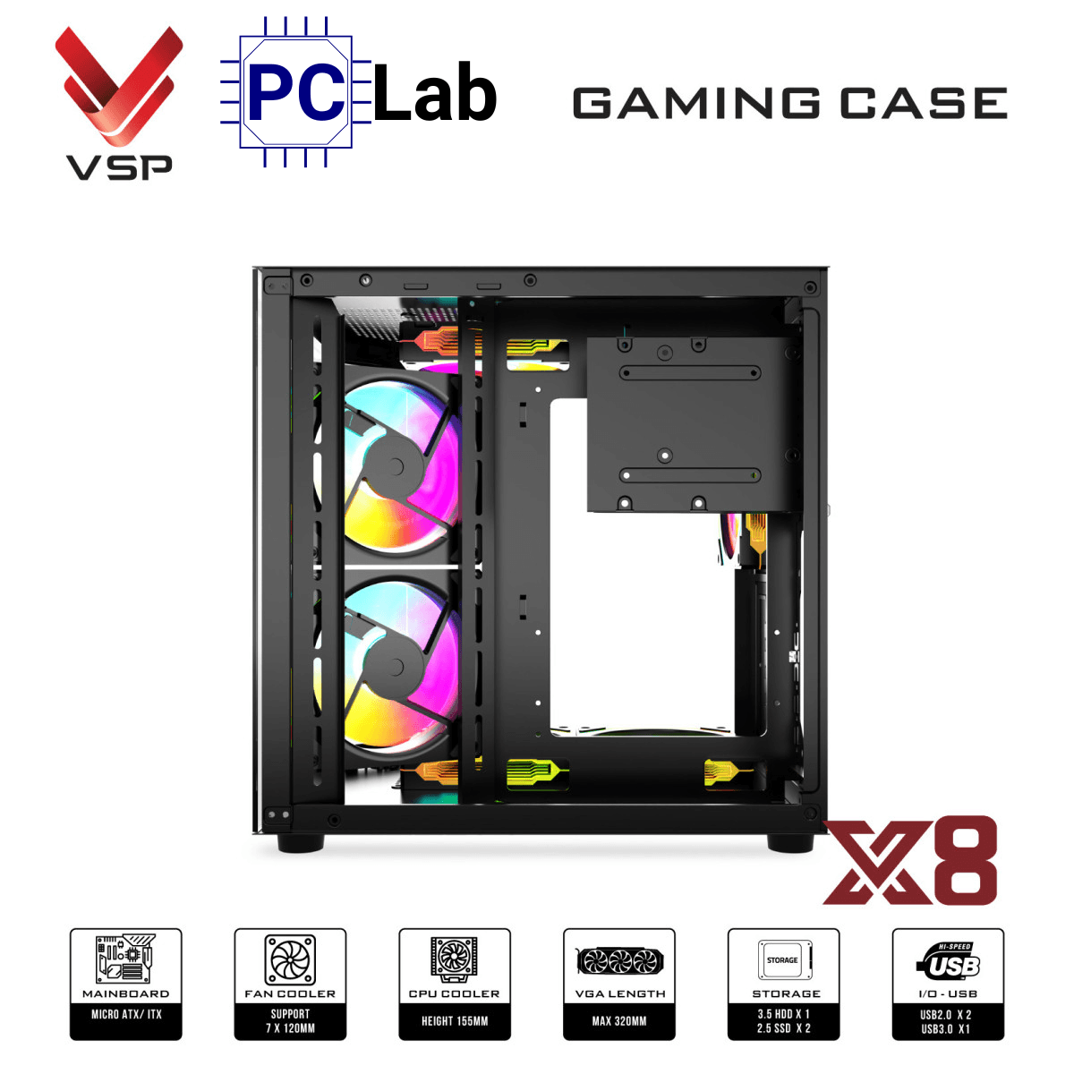 Vỏ case PC máy tính VSP X8 (M-ATX, Mid Tower, Trắng/Đen)