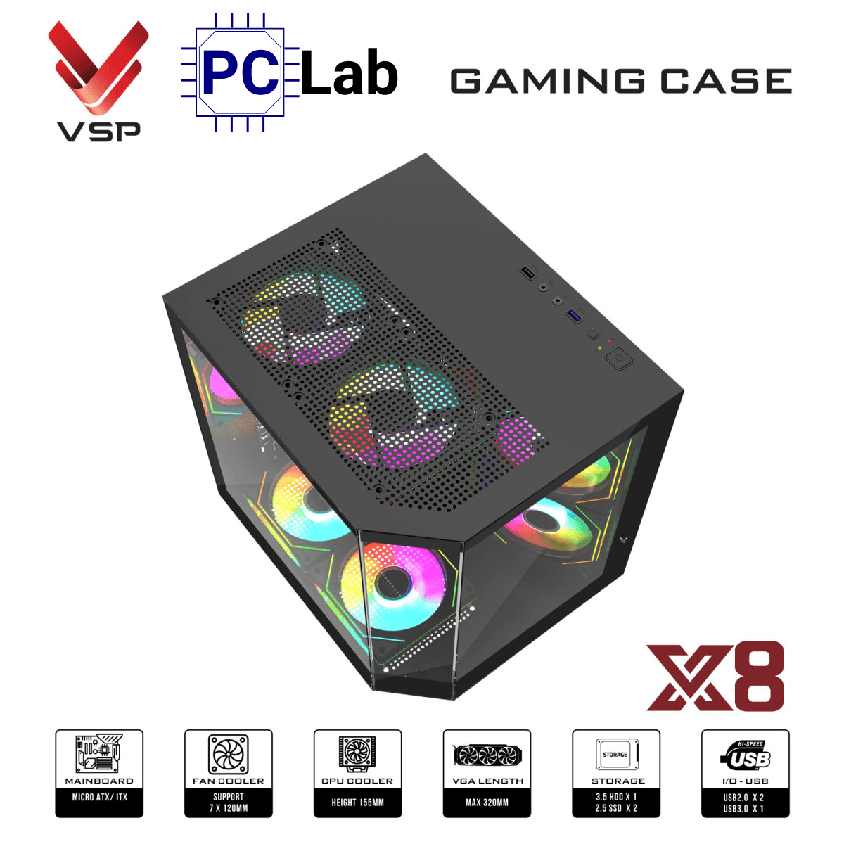 Vỏ case PC máy tính VSP X8 (M-ATX, Mid Tower, Trắng/Đen)