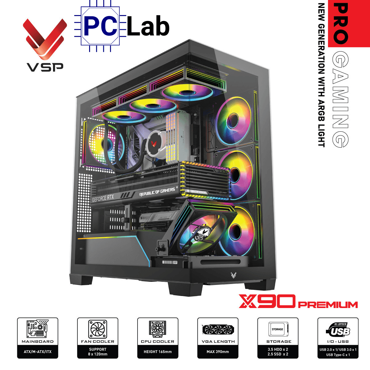 Vỏ case PC máy tính VSP X90 Premium (ATX, Mid Tower, Đen)