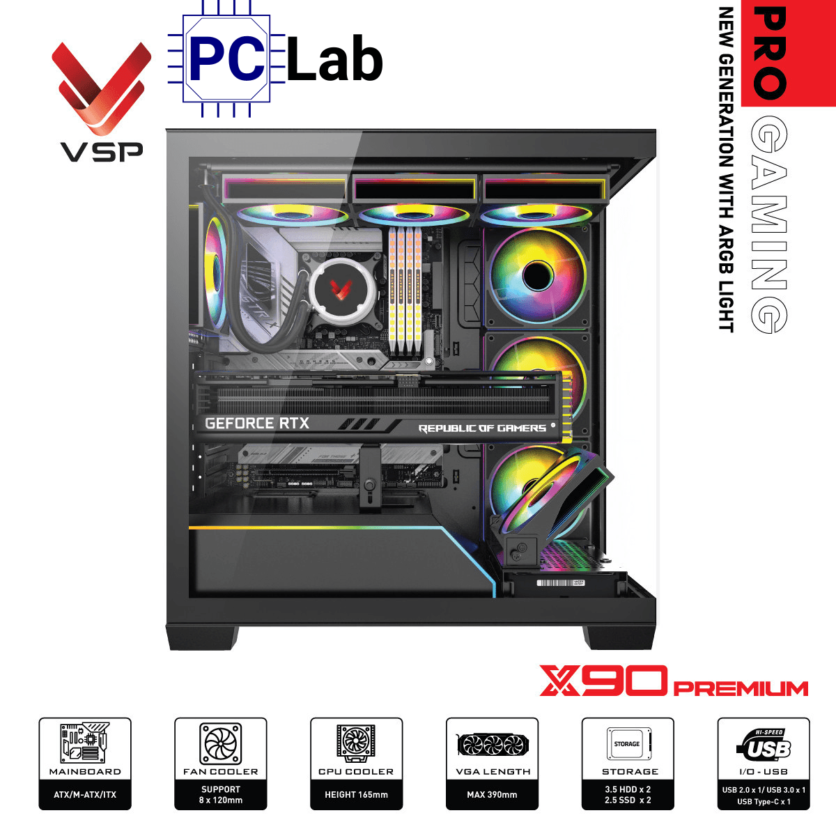 Vỏ case PC máy tính VSP X90 Premium (ATX, Mid Tower, Đen)