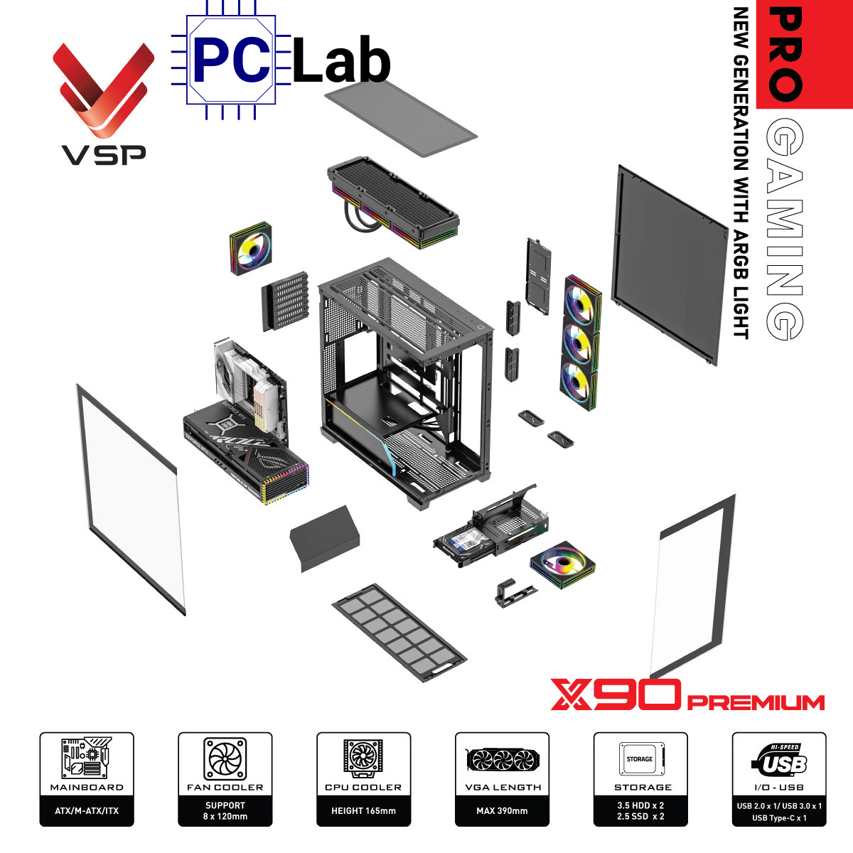 Vỏ case PC máy tính VSP X90 Premium (ATX, Mid Tower, Đen)