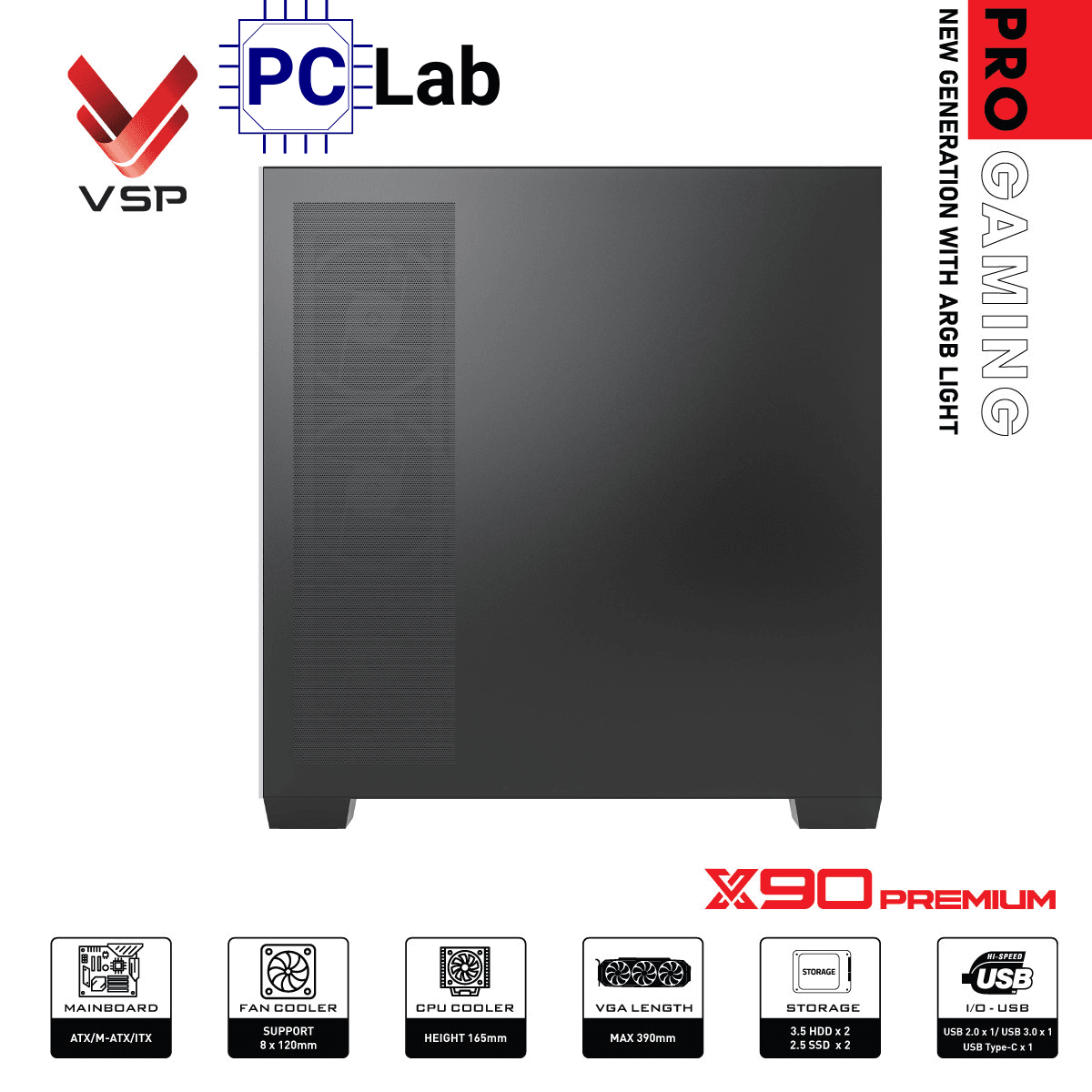 Vỏ case PC máy tính VSP X90 Premium (ATX, Mid Tower, Đen)