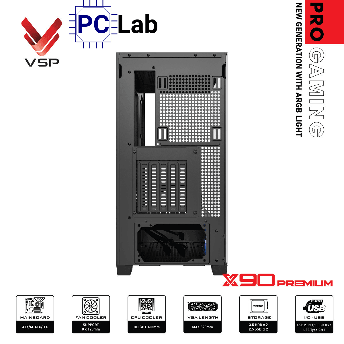 Vỏ case PC máy tính VSP X90 Premium (ATX, Mid Tower, Đen)