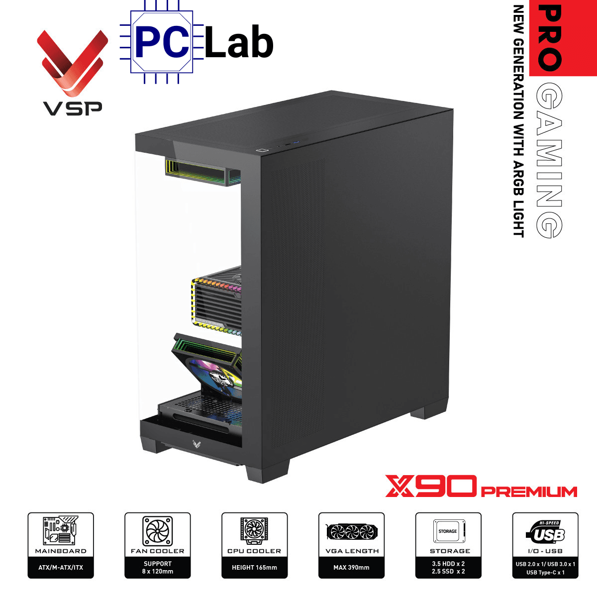 Vỏ case PC máy tính VSP X90 Premium (ATX, Mid Tower, Đen)