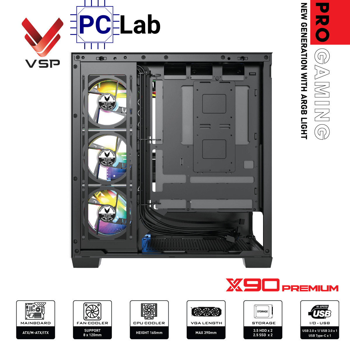 Vỏ case PC máy tính VSP X90 Premium (ATX, Mid Tower, Đen)
