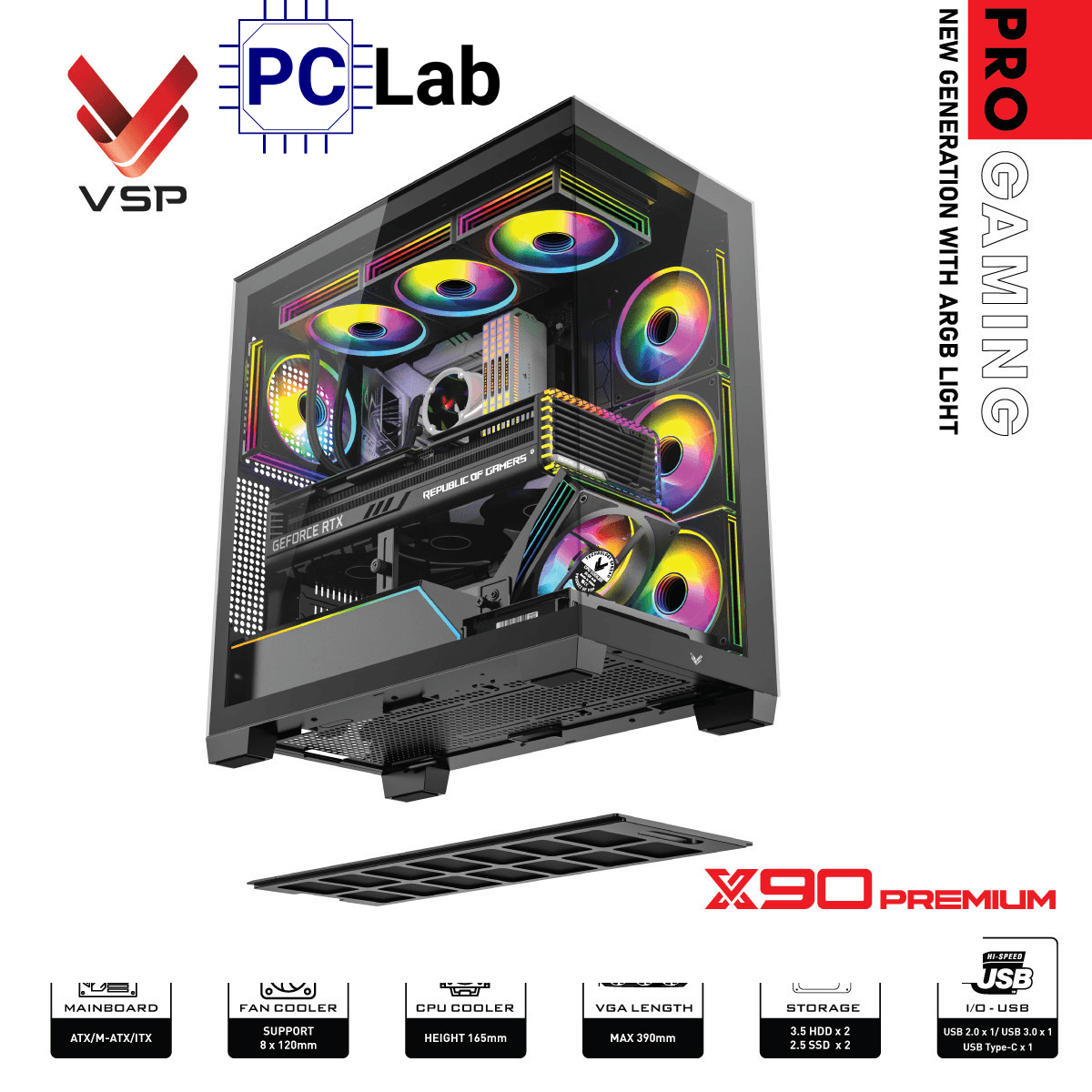 Vỏ case PC máy tính VSP X90 Premium (ATX, Mid Tower, Đen)