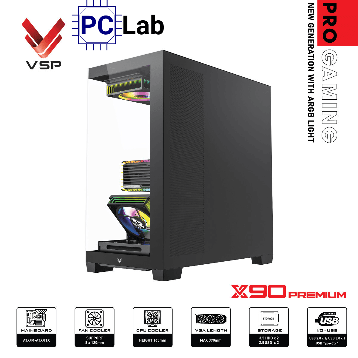 Vỏ case PC máy tính VSP X90 Premium (ATX, Mid Tower, Đen)