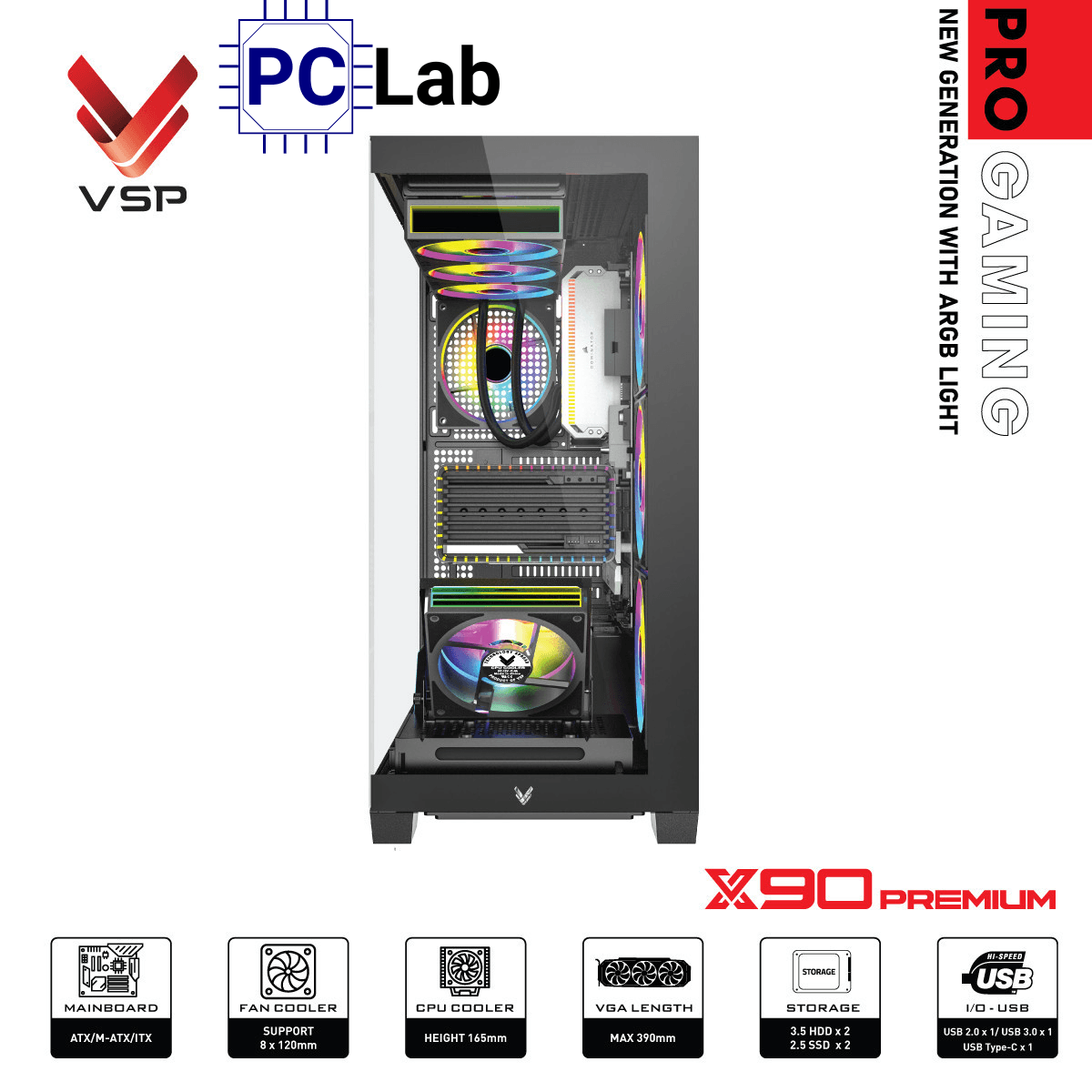 Vỏ case PC máy tính VSP X90 Premium (ATX, Mid Tower, Đen)