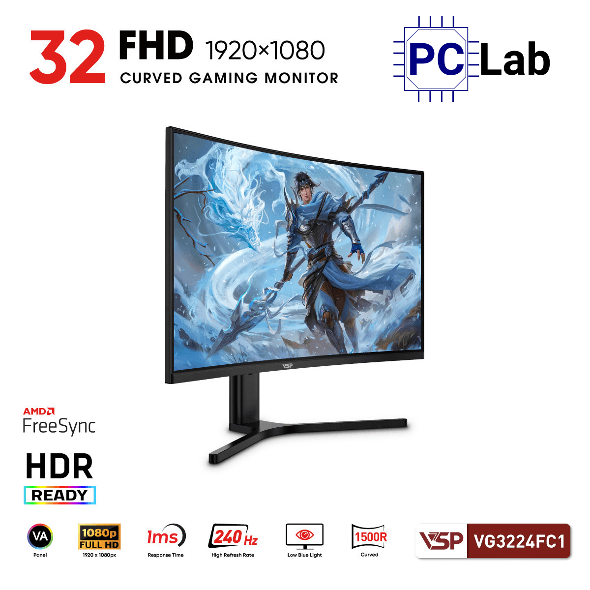Màn hình cong VSP eSport Gaming VG3224FC1 32inch Full HD 240Hz (32'', Full HD, 240Hz, 1ms, VA, Adaptive-Sync)
