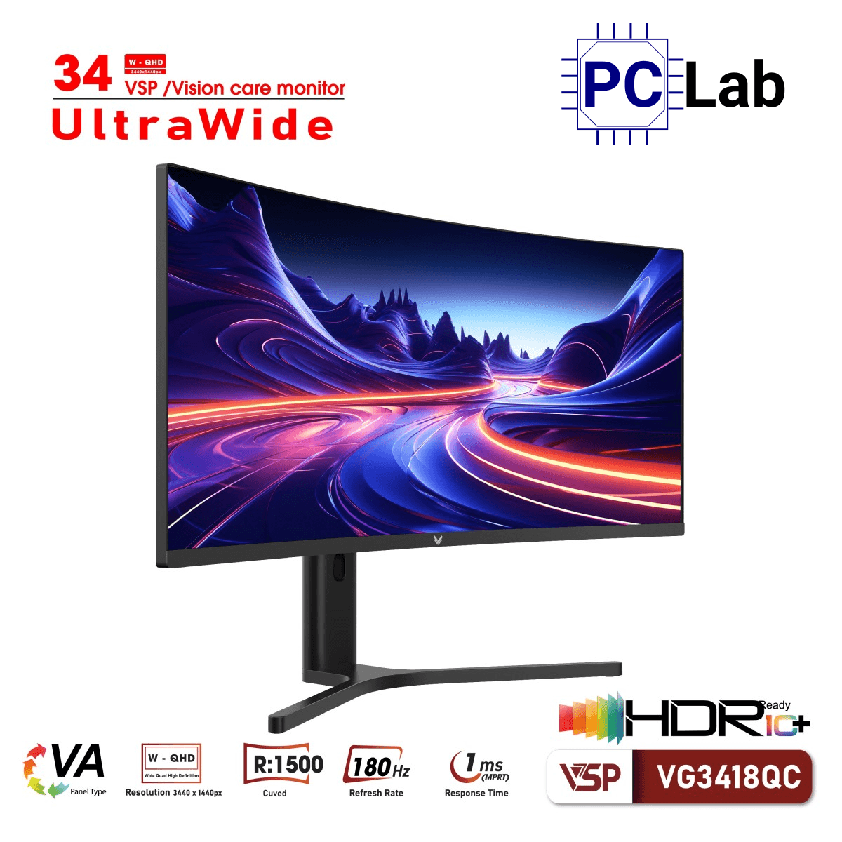 Màn hình cong VSP eSport Gaming VG3418QC 34inch QHD 180Hz (34'', QHD, 180Hz, 1ms, VA, Adaptive-Sync)