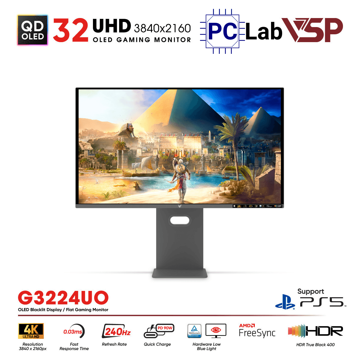 Màn hình VSP Ai Gaming Vision Pro G3224UO 32inch 4K 240Hz (32'', 4K, 240Hz, 0.03ms, G-Sync, QD-OLED)