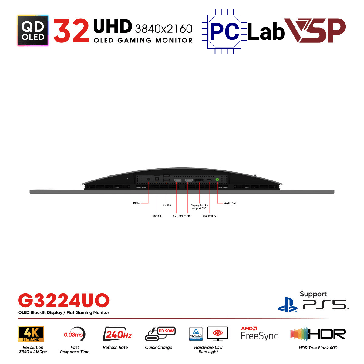 Màn hình VSP Ai Gaming Vision Pro G3224UO 32inch 4K 240Hz (32'', 4K, 240Hz, 0.03ms, G-Sync, QD-OLED)