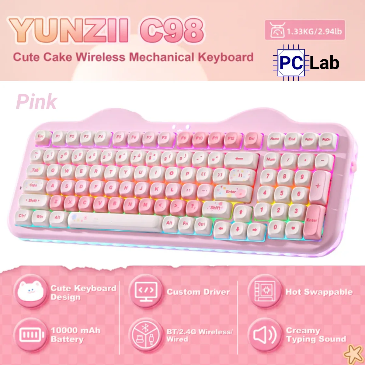 Bàn phím cơ YUNZII C98 Cake Meow thiết kế dễ thương, layout 96%, kết nối 3 chế độ, pin 10000mAh, gõ êm mượt, RGB đẹp, hot-swap tiện custom
