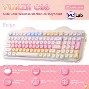 Bàn phím cơ YUNZII C98 Cake Meow thiết kế dễ thương, layout 96%, kết nối 3 chế độ, pin 10000mAh, gõ êm mượt, RGB đẹp, hot-swap tiện custom