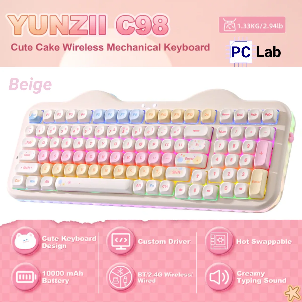 Bàn phím cơ YUNZII C98 Cake Meow thiết kế dễ thương, layout 96%, kết nối 3 chế độ, pin 10000mAh, gõ êm mượt, RGB đẹp, hot-swap tiện custom