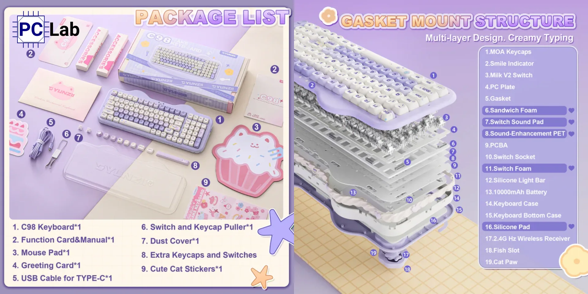 Bàn phím cơ YUNZII C98 Cake Meow đi kèm đầy đủ các phụ kiện