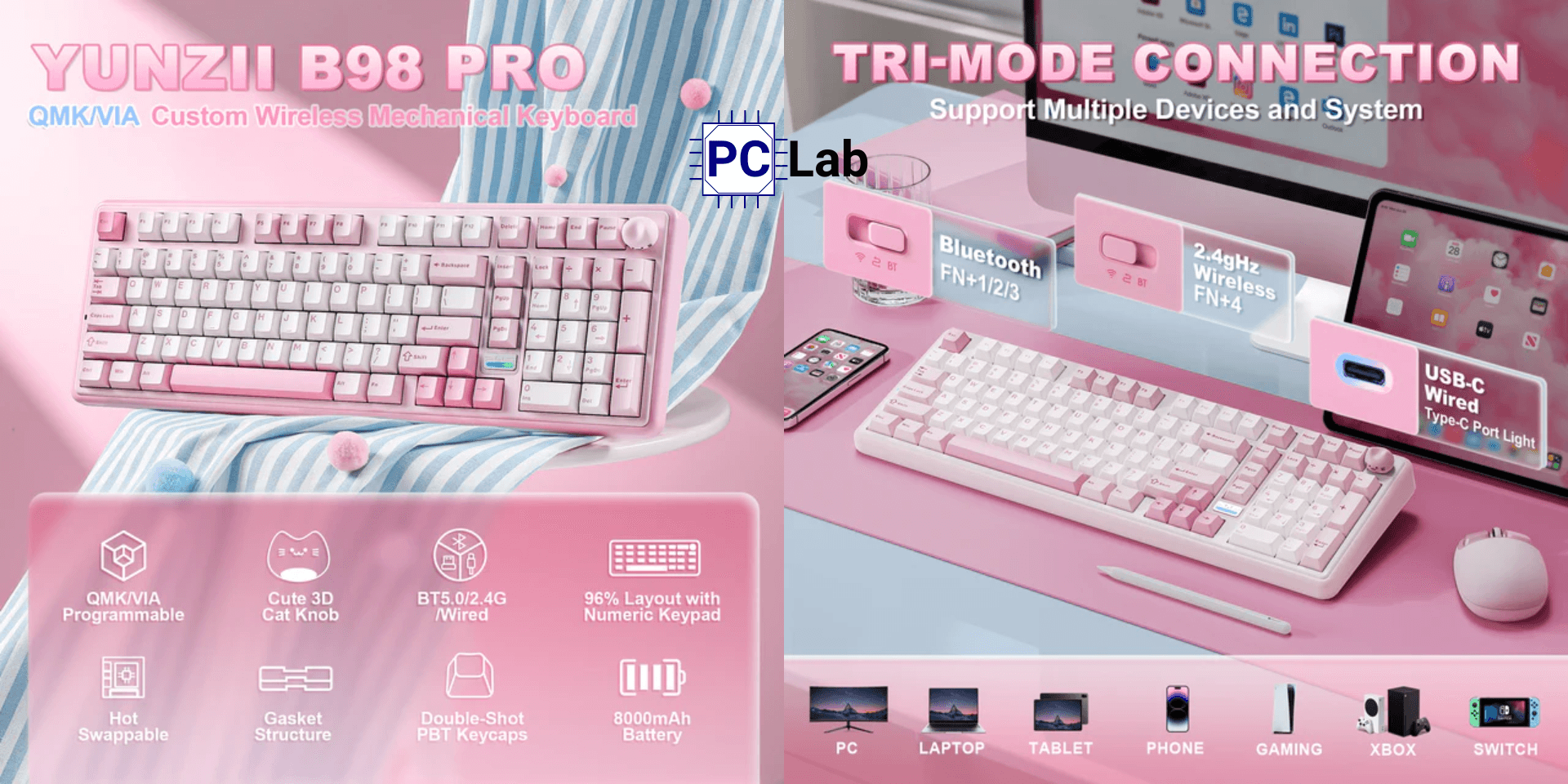 Bàn phím cơ YUNZII B98 PRO custom 96% hỗ trợ QMK/VIA, kết nối 3 chế độ, pin 8000mAh, gasket mount êm ái, RGB đẹp, hot swap linh hoạt