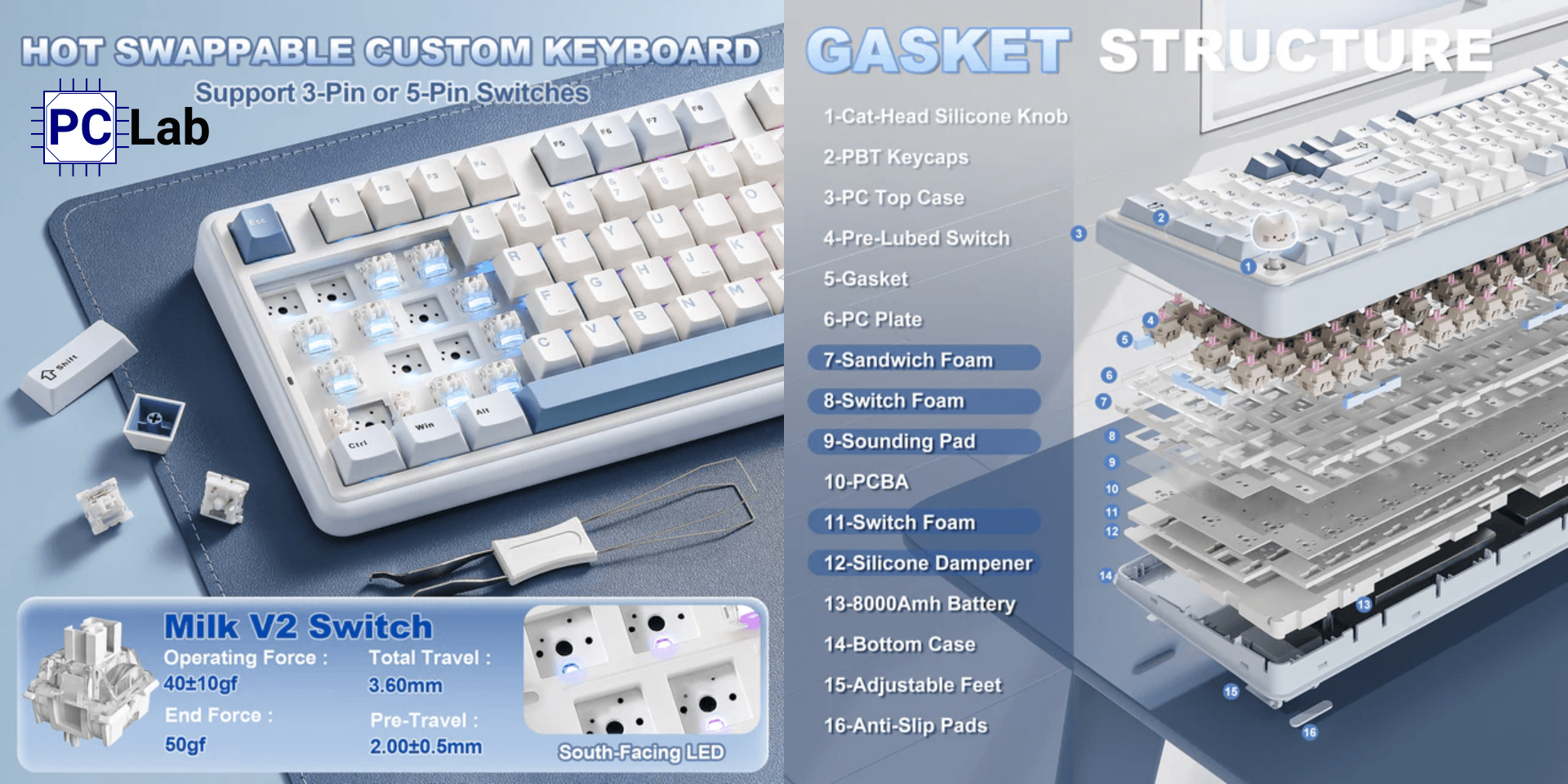 Bàn phím YUNZII B98 Pro hỗ trợ hot swap full; Switch và stab đã được lube sẵn