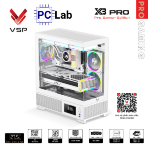 Vỏ case PC máy tính VSP AQUAL X3 Pro (ATX, Mid Tower, Đen/Trắng)